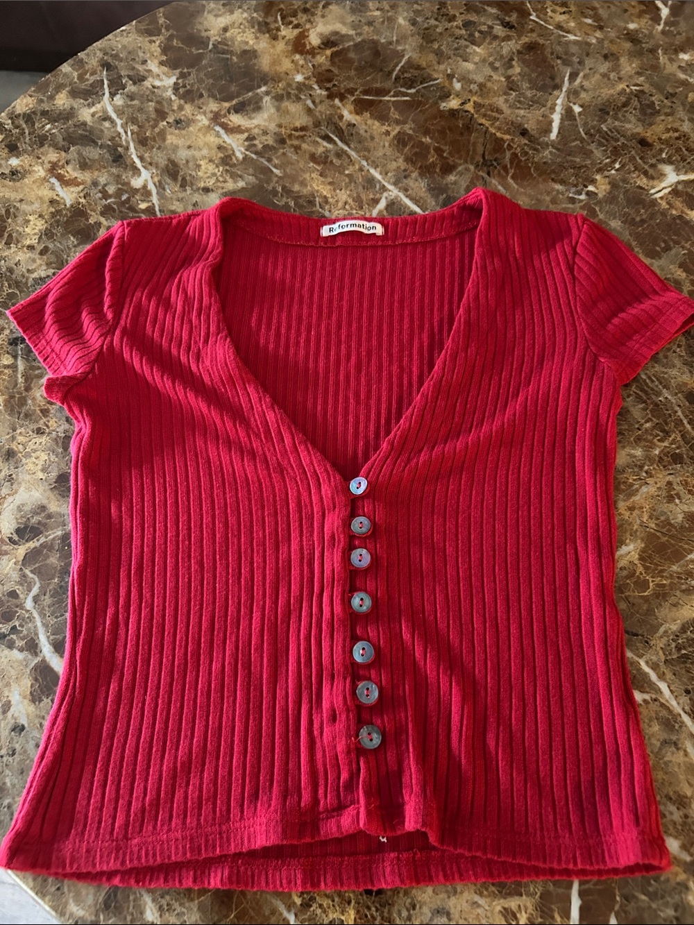 Reformation Red Ribbed V-Neck Button Crop Top - Picture 2 of 5